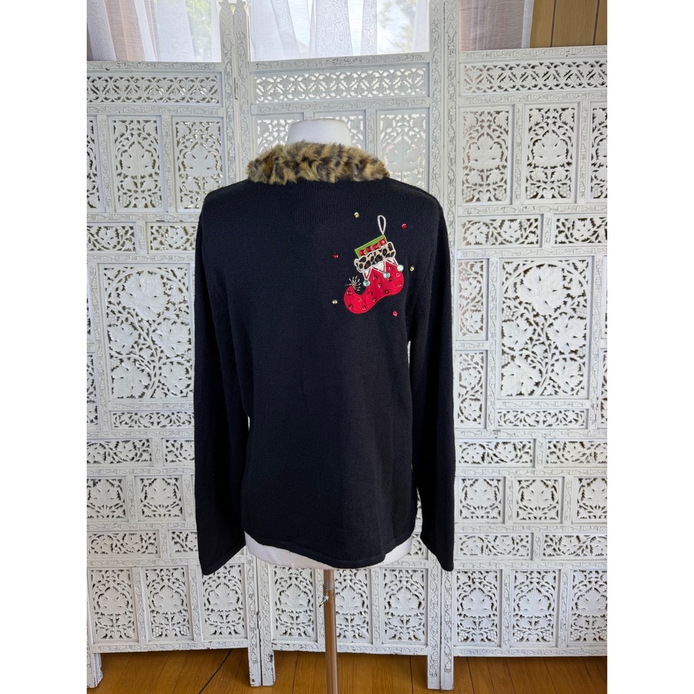 Vtg Tiara International Christmas Holiday Cardigan Sz Large Faux Fur Cheetah - Picture 6 of 8
